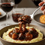 A beautiful plate of a homemade, elegant, and tender Beef Bourguignon, being served over creamy mashed potatoes at a Sunday dinner.