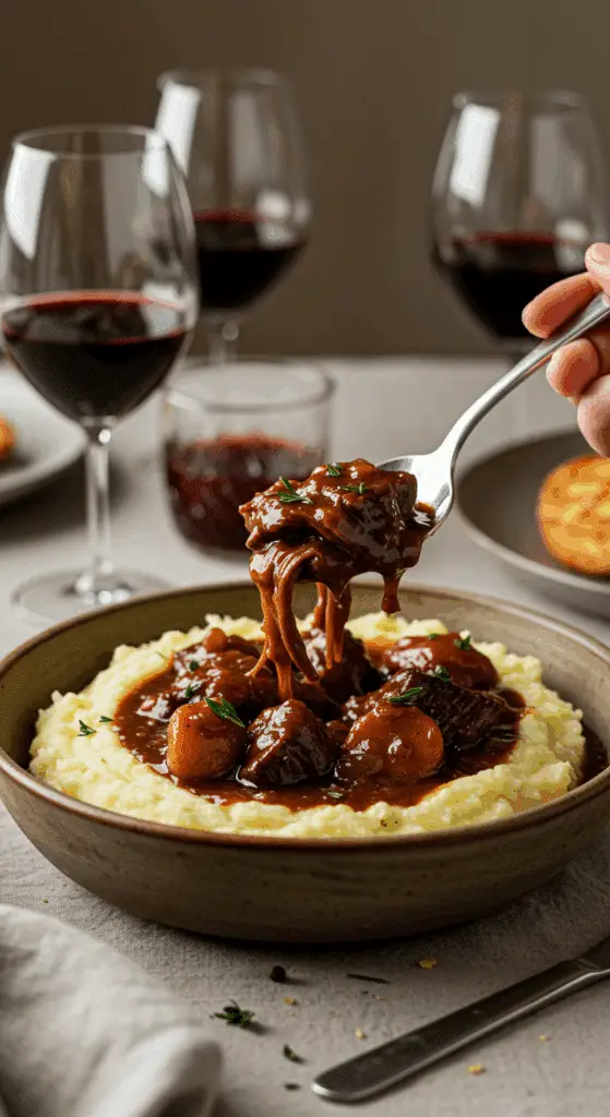 A beautiful plate of a homemade, elegant, and tender Beef Bourguignon, being served over creamy mashed potatoes at a Sunday dinner.