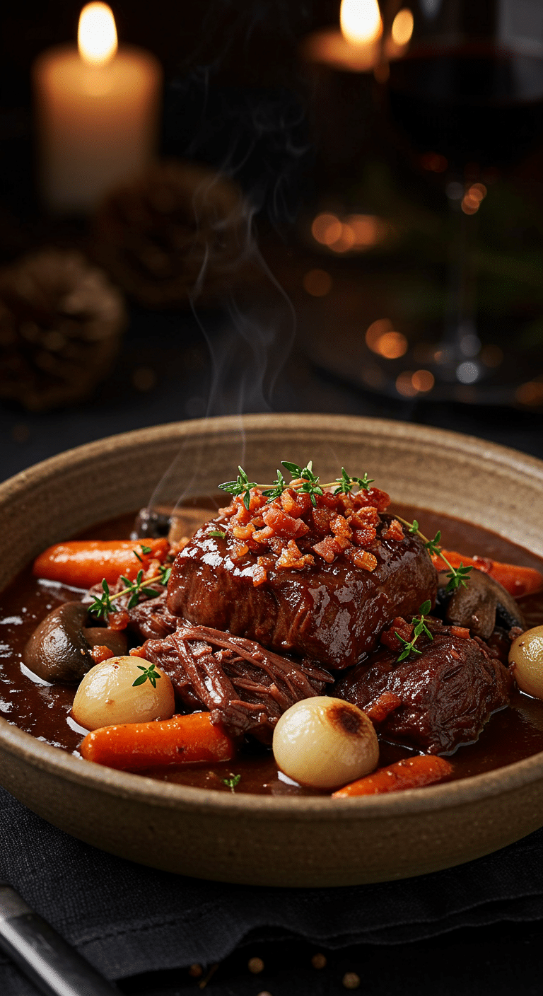 A beautiful, rustic bowl of homemade, authentic Slow-Cooker Beef Bourguignon, with a rich red wine gravy, tender beef, and a crispy bacon topping.