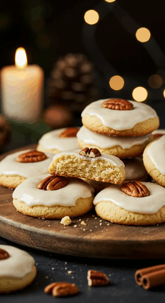 A beautiful, rustic platter of homemade, festive, and buttery "Grandma's" Old-Fashioned Sugar Cookies, with one broken in half to show the tender, cake-like interior.