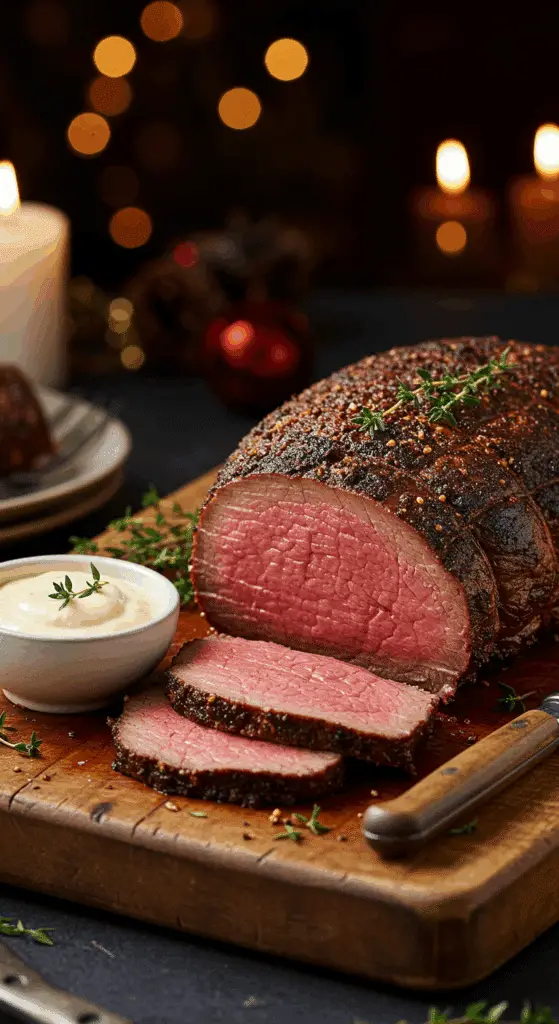 A beautiful, rustic cutting board with a homemade, juicy, and impressive Christmas Beef Tenderloin, with a crispy, dark spice crust and a perfect, rosy-pink, medium-rare interior.
