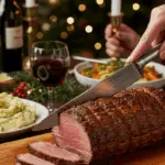 The whole, homemade, impressive, and crusted Beef Tenderloin being carved as the centerpiece at a fun and sophisticated Christmas party.