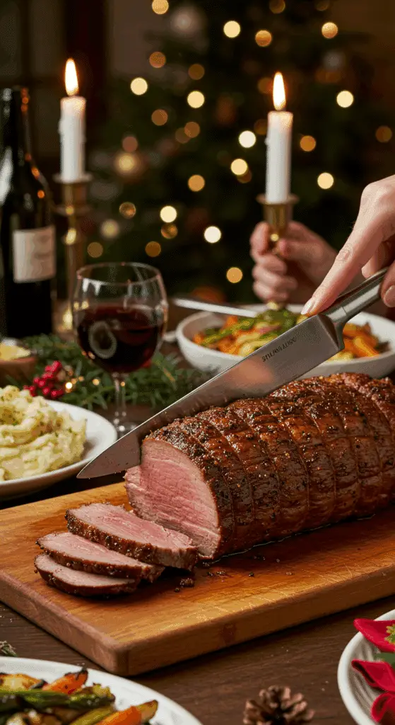 The whole, homemade, impressive, and crusted Beef Tenderloin being carved as the centerpiece at a fun and sophisticated Christmas party.