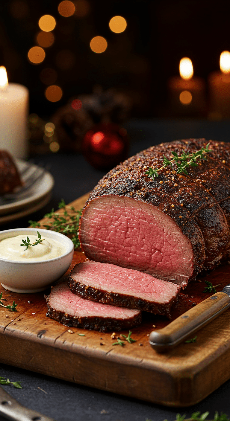 A beautiful, rustic cutting board with a homemade, juicy, and impressive Christmas Beef Tenderloin, with a crispy, dark spice crust and a perfect, rosy-pink, medium-rare interior.