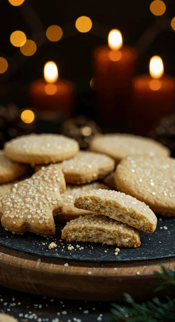 A beautiful, rustic platter of homemade, festive, and buttery Old-Fashioned Sugar Cookies, with one broken in half to show the tender, crumbly interior.