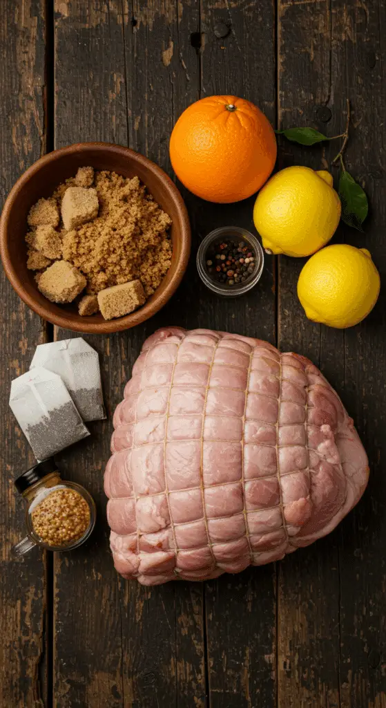 The simple, from-scratch ingredients for the classic and impressive Holiday Sweet Tea-Brined Ham.