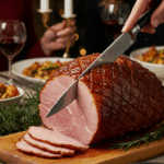 The whole, homemade, impressive, and glazed Sweet Tea-Brined Ham being carved as the centerpiece at a fun and sophisticated Christmas party.