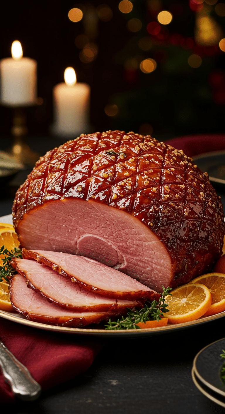 A beautiful, elegant platter with a homemade, juicy, and impressive Holiday Sweet Tea-Brined Ham, with a glossy, dark lemon glaze and a juicy, pink slice cut from the end.