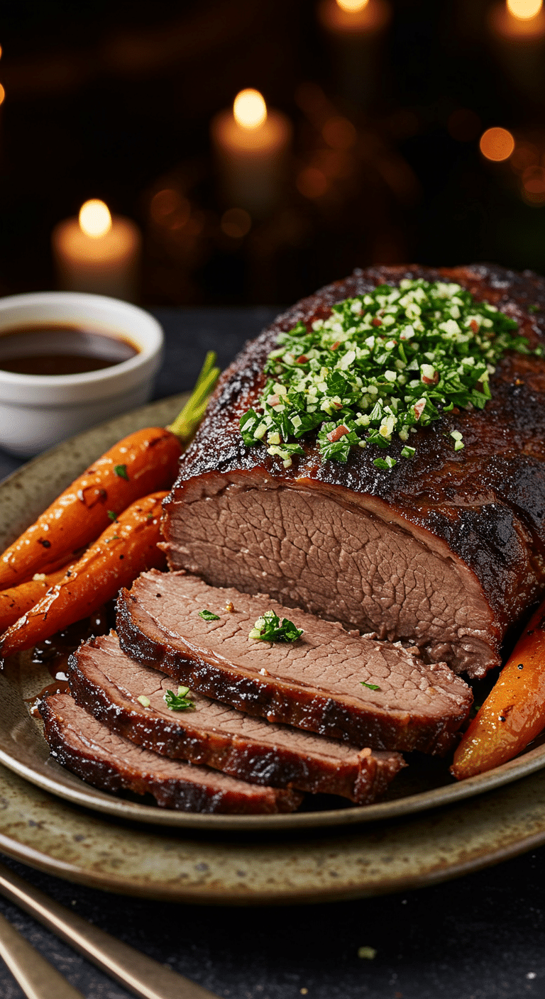 A beautiful, rustic platter with a homemade, juicy, and impressive Slow-Cooker Braised Brisket, with a dark, glossy crust and a tender, sliced interior, served on a bed of caramelized carrots.