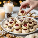 The impressive, homemade platter of beautiful and festive "Perfect" Thumbprint Cookies being served as the centerpiece on a cookie platter at a sophisticated Christmas party.
