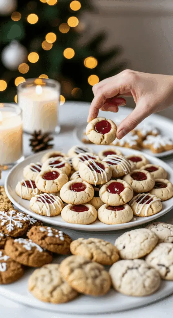 The impressive, homemade platter of beautiful and festive "Perfect" Thumbprint Cookies being served as the centerpiece on a cookie platter at a sophisticated Christmas party.