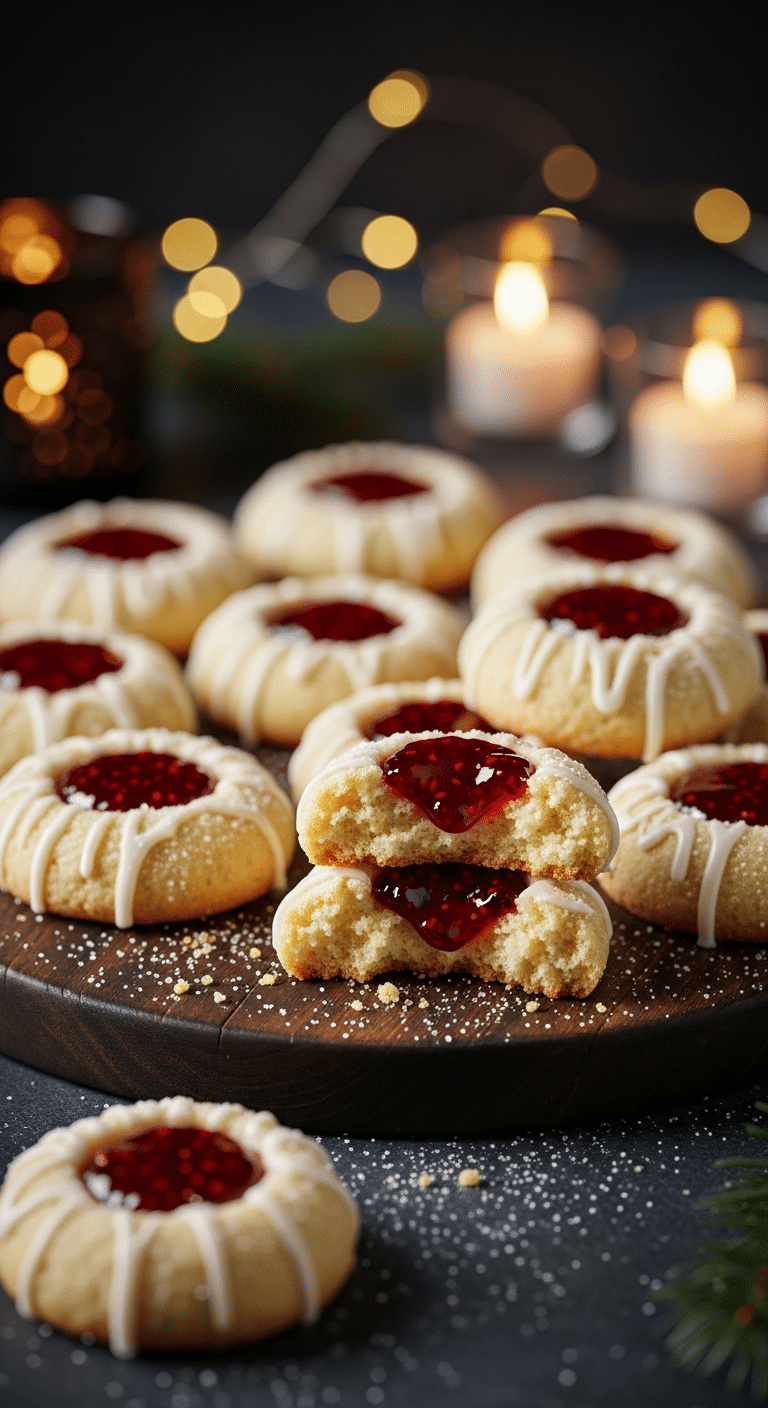 A beautiful, rustic platter of homemade, festive, and buttery Classic Thumbprint Cookies, with one broken in half to show the tender, crumbly interior and the red jam filling.