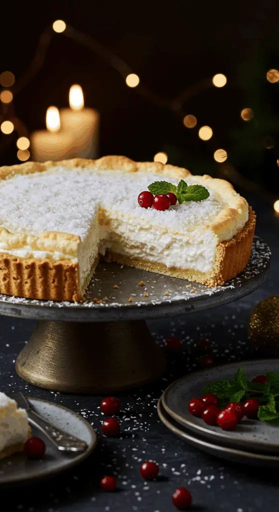 A beautiful, elegant cake stand with a homemade, festive "White Christmas Pie," with a snowy, coconut-topped chiffon filling and a tall, airy slice cut from it.