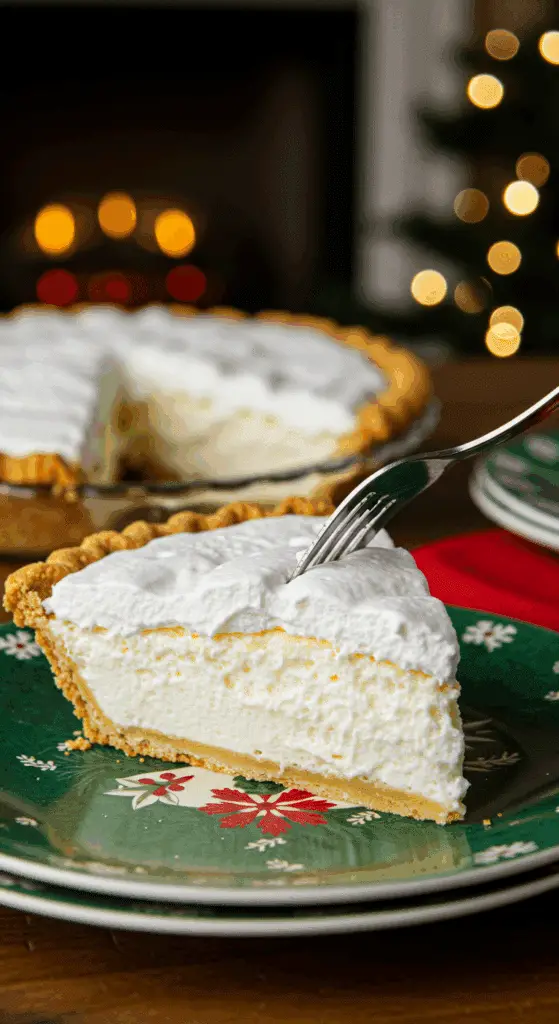 A beautiful plate with a homemade, festive, and airy slice of a "White Christmas Pie" being served for a holiday dessert.