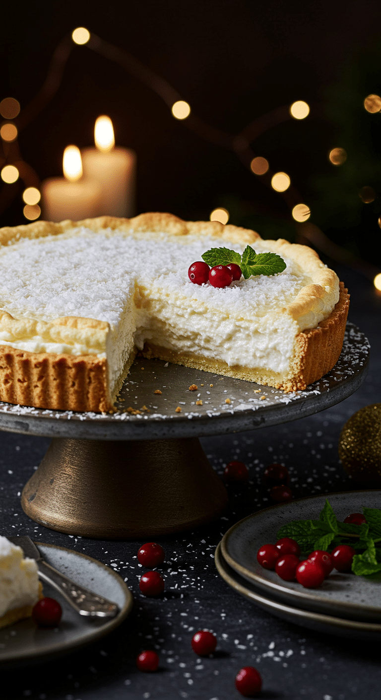 A beautiful, elegant cake stand with a homemade, festive "White Christmas Pie," with a snowy, coconut-topped chiffon filling and a tall, airy slice cut from it.